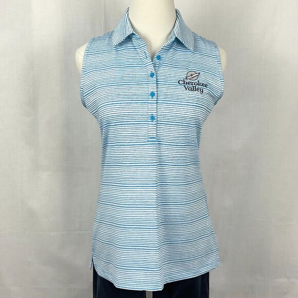 Under Armour Sleeveless Golf Polo Cherokee Valley Logo Turquoise Stripe Sz Small - Picture 1 of 4